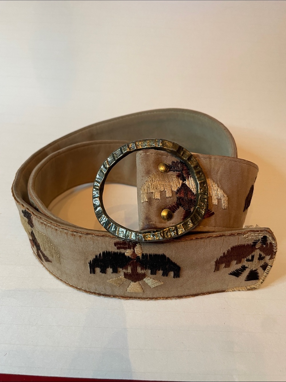 Vintage Indian Eagle Hammered Oval Ring Buckle & Embroidered Suede Belt Men's